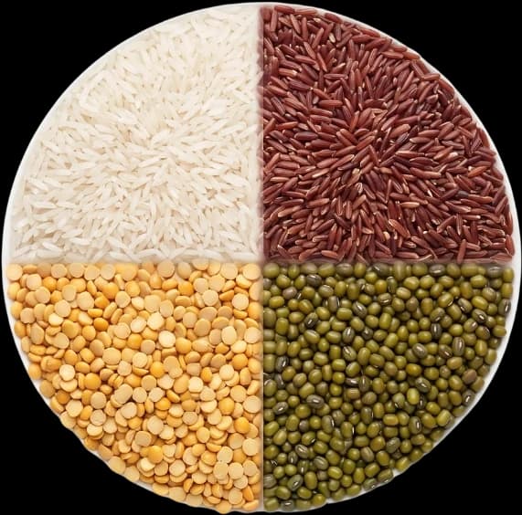 White rice, red rice, split dhal and green gram quartered in a circle