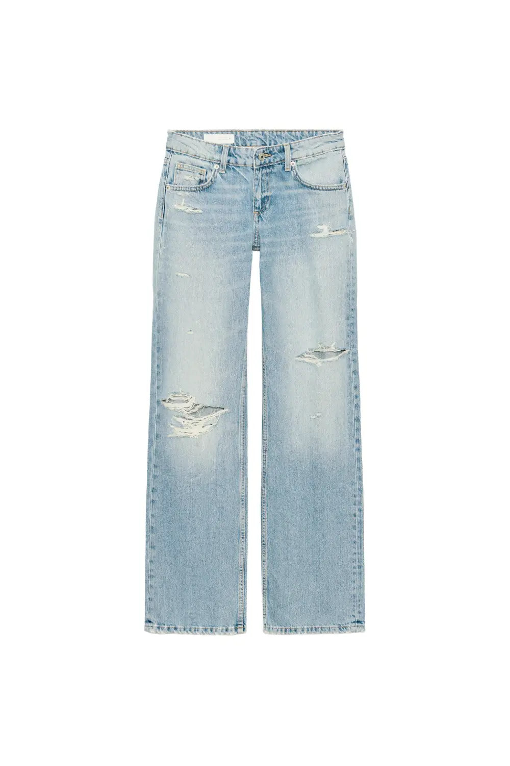 Light wash denim jeans with distressed details