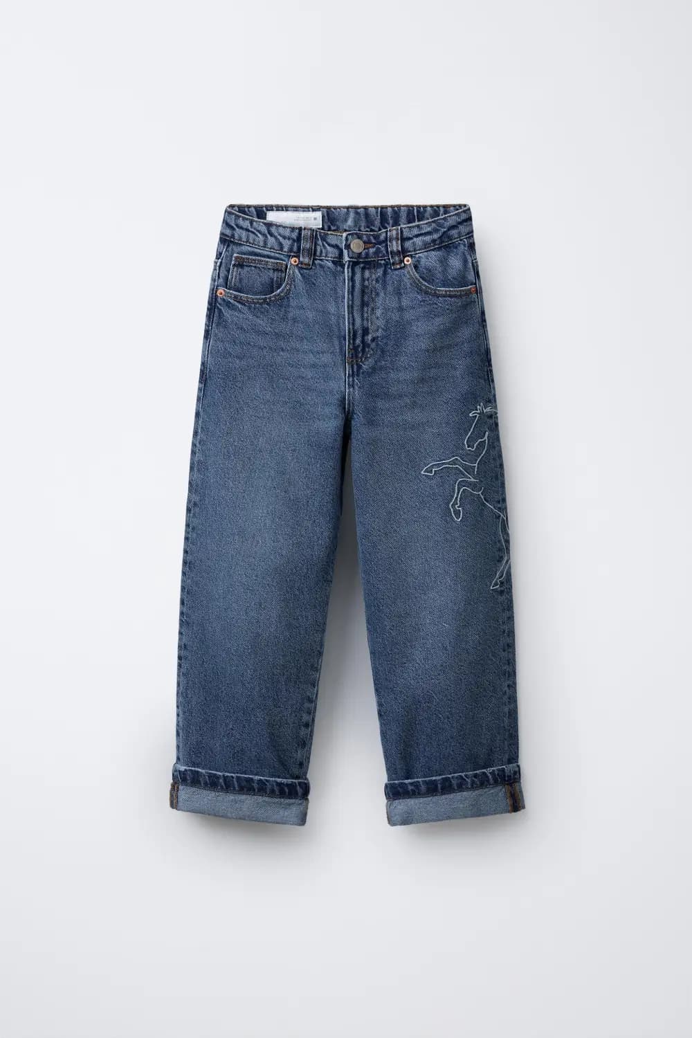 Mid wash denim jeans with line motif embroidery and cuffed hem