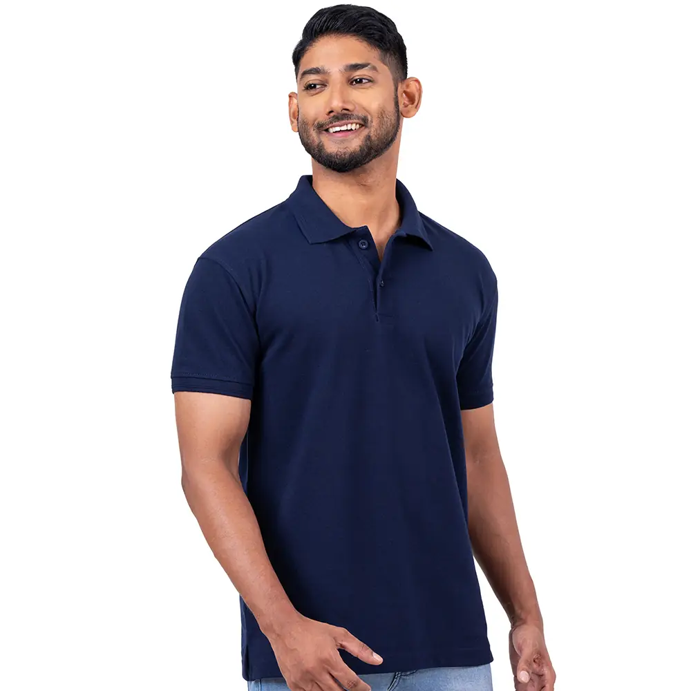 A man wearing a navy cotton polo t shirt
