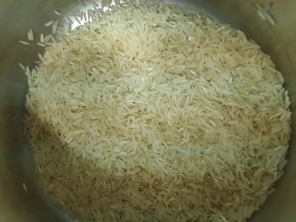 Raw basmati rice grains in a bowl