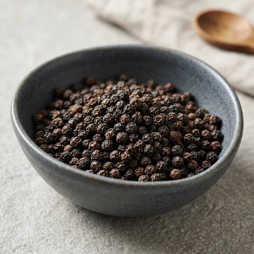 Black peppercorns in a brass dish