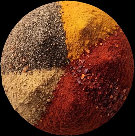 Ground pepper, turmeric, chilli and curry powder set side by side in a circle